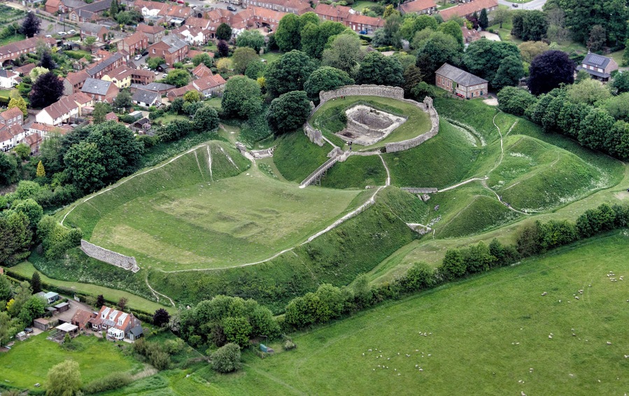 Aerial shot of Castle Acre Castle.