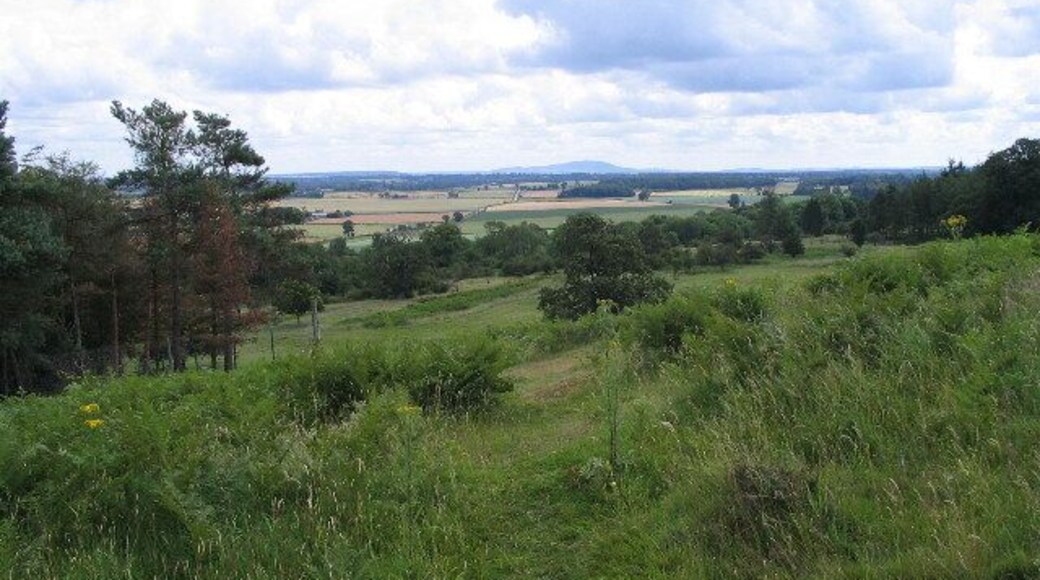 From Loton Park to the Wrekin In the foreground is grassland with trees of Loton deer park, which includes a couple of small fir plantations. The middle distance is largely arable farmland near the river Severn, crossed by the B4393 heading towards Ford. On the centre horizon is The Wrekin near Telford, approximately 27k distant in SJ6208.