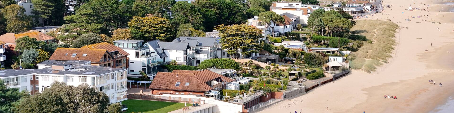 Seafront houses Sandbanks Dorset UK affluent neighbourhood of Poole, aerial