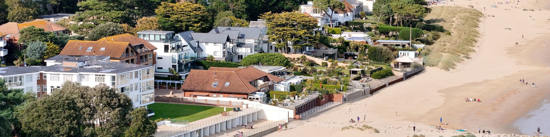 Seafront houses Sandbanks Dorset UK affluent neighbourhood of Poole, aerial