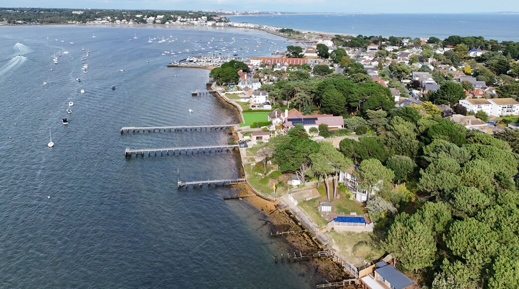 .Poole harbour and Sandbanks Dorset UK affluent neighbourhood of Poole, aerial