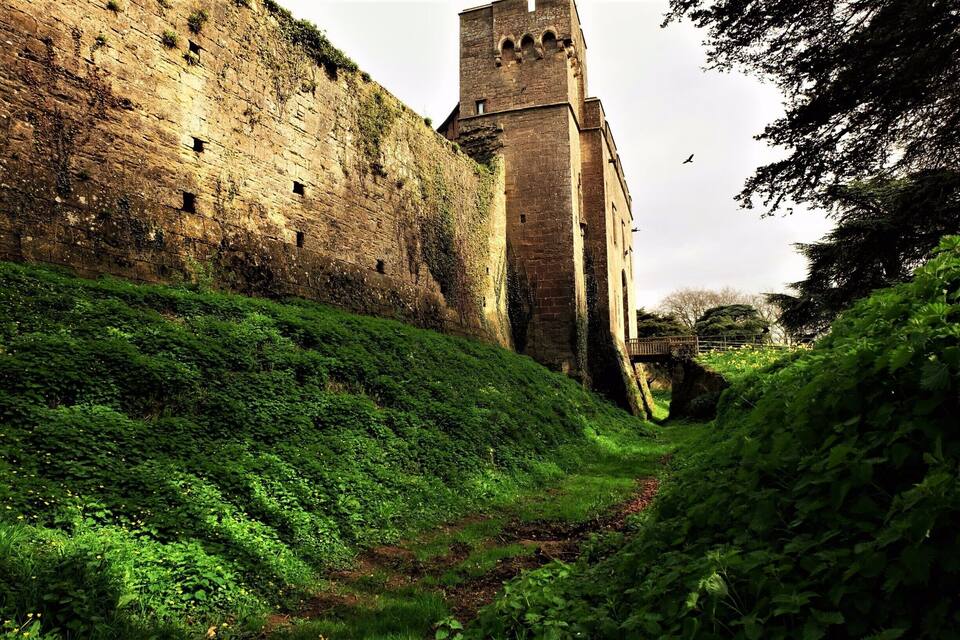 A historic stone wall with a tower, lush green vegetation, and a small wooden bridge.