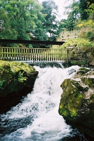 A waterfall in a forested area with a wooden bridge above it.