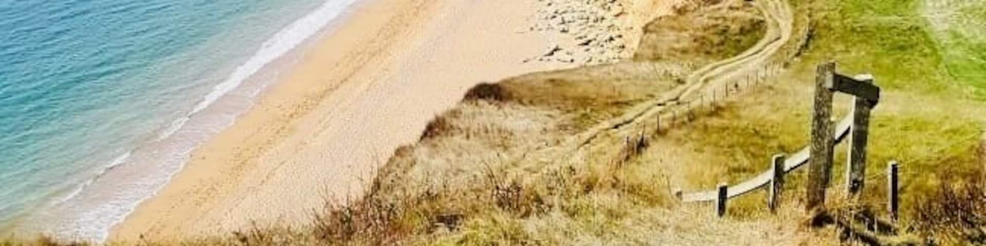 A coastal landscape with a sandy beach, a cliff, and a dirt path leading to a wooden gate.