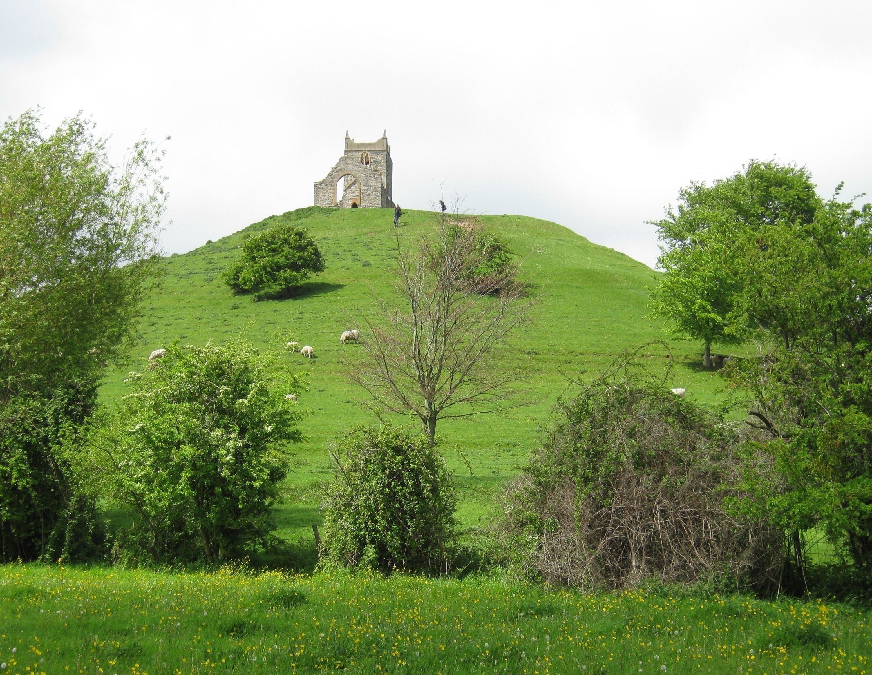 A green hill with a stone tower and sheep grazing.