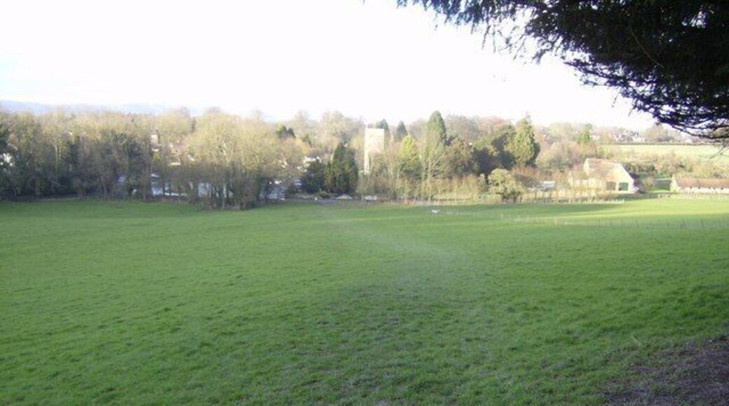 Approaching Buriton The footpath leaves the woods and descends more gently towards Buriton, the church being on the corner of four squares, the pond to its left being partly in SU7319.