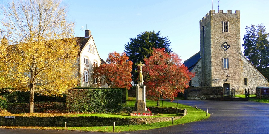 Buriton War Memorial and Church.