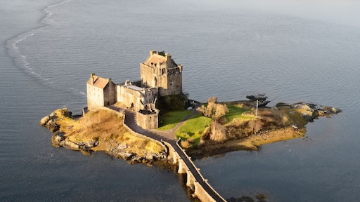 An aerial view of a historic castle on a small island surrounded by water.