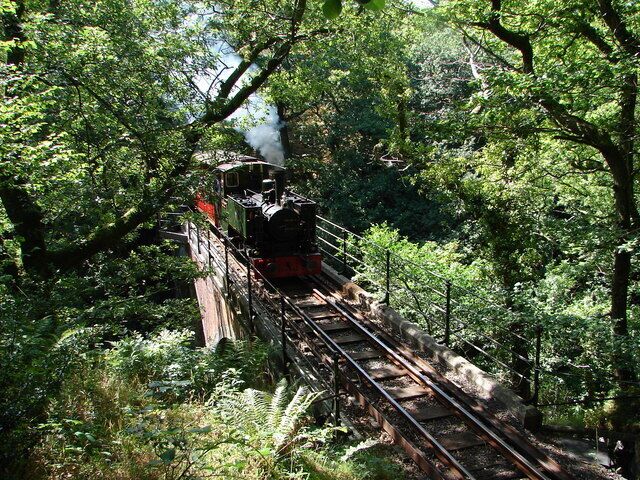 Dolgoch Falls viaduct, near to Dolgoch, Gwynedd, Great Britain. A Talyllyn Railway train from Tywyn crosses the viaduct.