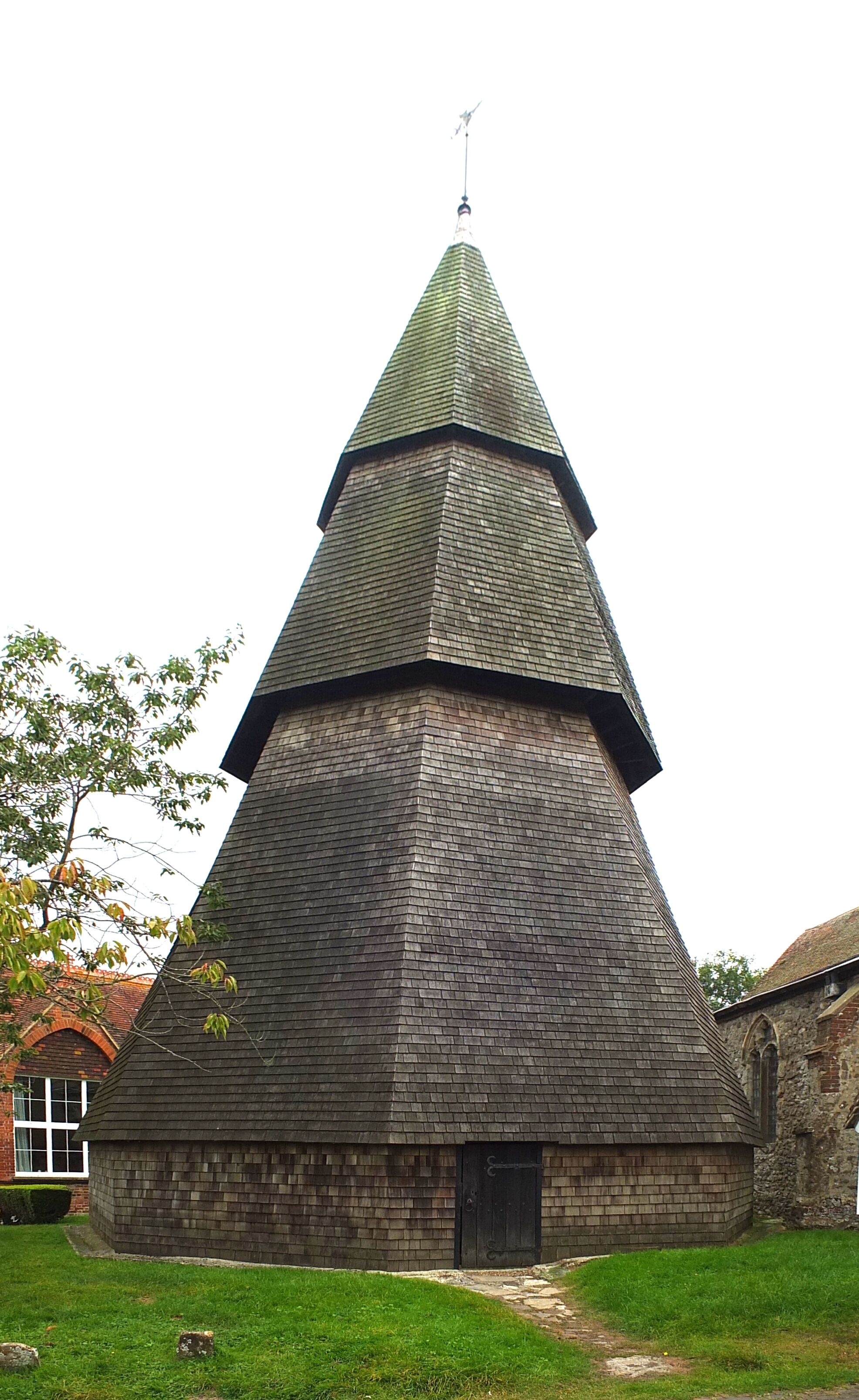 Detached bell tower of St Augustine's Church, Brookland, Kent, seen from west-northwest