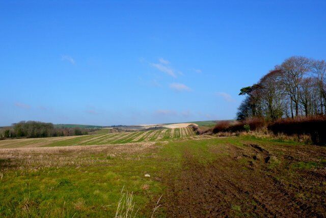 Weymouth Relief Rd (14) This view north is along the line of the new road. Taken from just north of Coombe Farm Barns the Knoll is on the right , the Dorchester Weymouth railway is on the left and the Ridgeway is straight ahead in the distance.