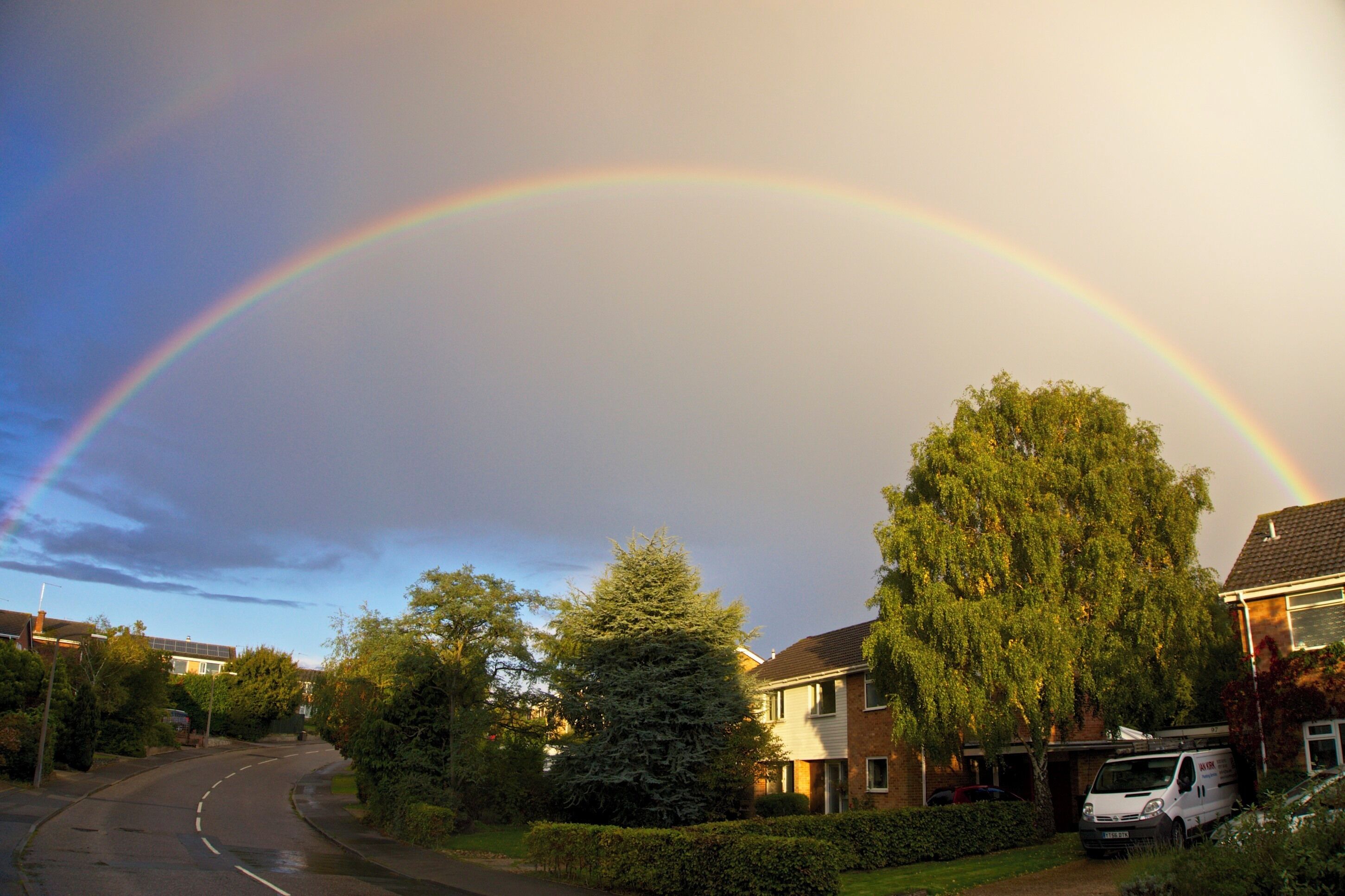 A suburban street with houses, a rainbow, and a large tree.