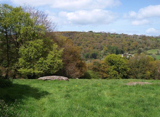 Meadow with rocks, Westcott Bridford Footpath 34 crosses this field, which is liberally scattered with outcrops of granite. Beyond is the Doccombe valley.