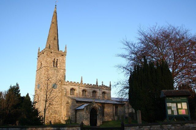 All Saints' church, Branston, Lincs. Most of the church was destroyed by fire and rebuilt in 1963, but the Saxon tower with Perpendicular spire survive.
