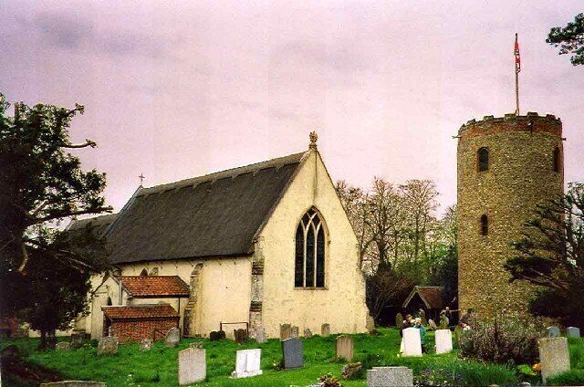 St Andrew's Church, Bramfield, Suffolk. Bramfield is about 2 miles south of Halesworth on the A144 road. The church lies just behind the Queen's Head Public House on the west side of the road. Churches with round towers are rare in Britain apart from Norfolk and Suffolk. Although there are nearly 200 examples in these counties, the tower of St Andrew's is unique in Suffolk as it is detached from the church. The tower is probably Norman around the 12th Century and is 43 foot 6 inches high and with wall thickness of 4 foot 6 inches. There are 5 bells the earliest dating from 1440. The church itself is entirely 14th century and replaced one that was mentioned in the Domesday Book of 1086. http://www.suffolkchurches.co.uk/bramfield.htm