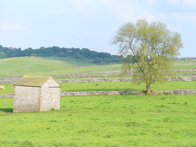 Stone Barn near Rake Mine Derbyshire Peak scenery of stone dry stone walls, stone barn and grassy fields underlain by limestone.