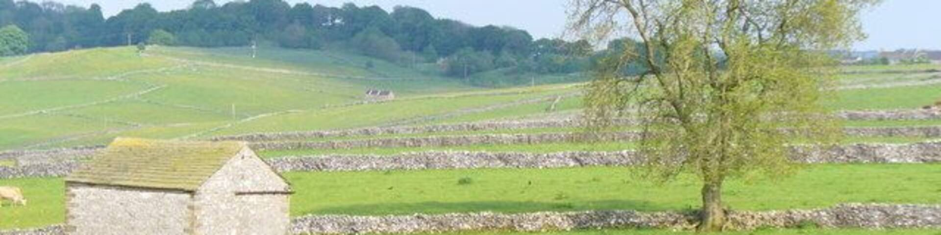 Stone Barn near Rake Mine Derbyshire Peak scenery of stone dry stone walls, stone barn and grassy fields underlain by limestone.
