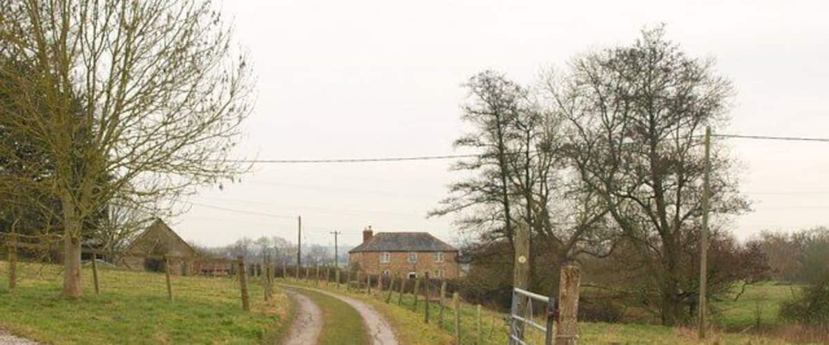 A rural road curving through a field with a house in the background.