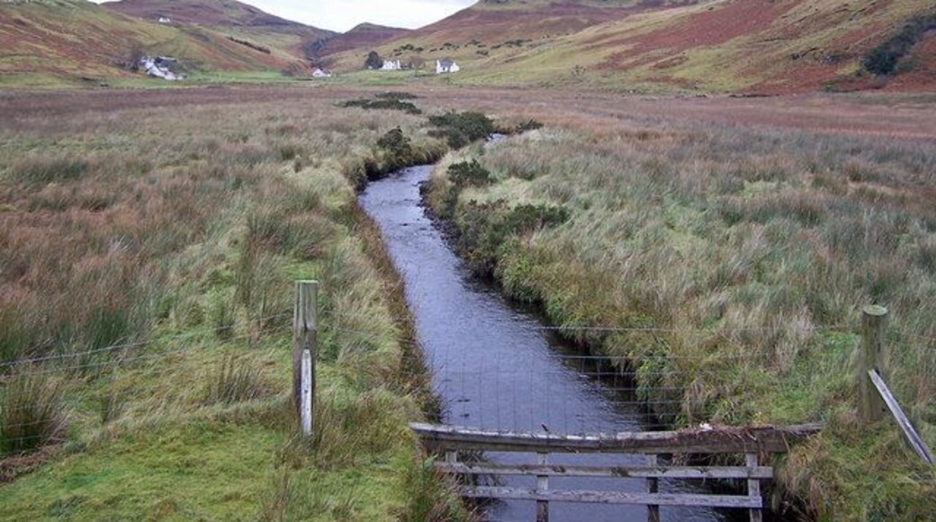 Amar River From the bridge in the old single track road which loops round the head of the loch. The cottages are the township of Totardor.