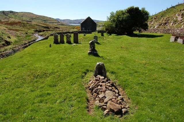 The graves of Norman Collie and John Mackenzie In the burial ground of Bracadale Free Church. Collie's grave is the nearer of the two, Mackenzie's is the plot directly behind. The headstones are rough lumps of Gabbro. Simple and appropriate. Smaller bits of the Cuillin are left as tributes. More information on the pair here: http://en.wikipedia.org/wiki/John_Norman_Collie