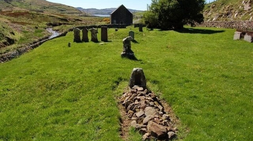 The graves of Norman Collie and John Mackenzie In the burial ground of Bracadale Free Church. Collie's grave is the nearer of the two, Mackenzie's is the plot directly behind. The headstones are rough lumps of Gabbro. Simple and appropriate. Smaller bits of the Cuillin are left as tributes. More information on the pair here: http://en.wikipedia.org/wiki/John_Norman_Collie
