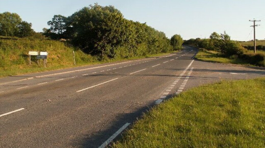 Road junction, A487 and Lôn Glanfrêd. Looking south on the road from Talybont to Aberystwyth. New cyclepath on left of the road.