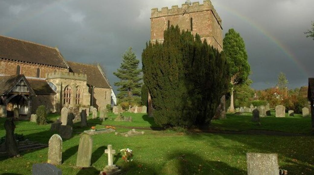 Rainbow over Bosbury church tower Rainbow over the early thirteenth century detached tower of Holy Trinity church, Bosbury.