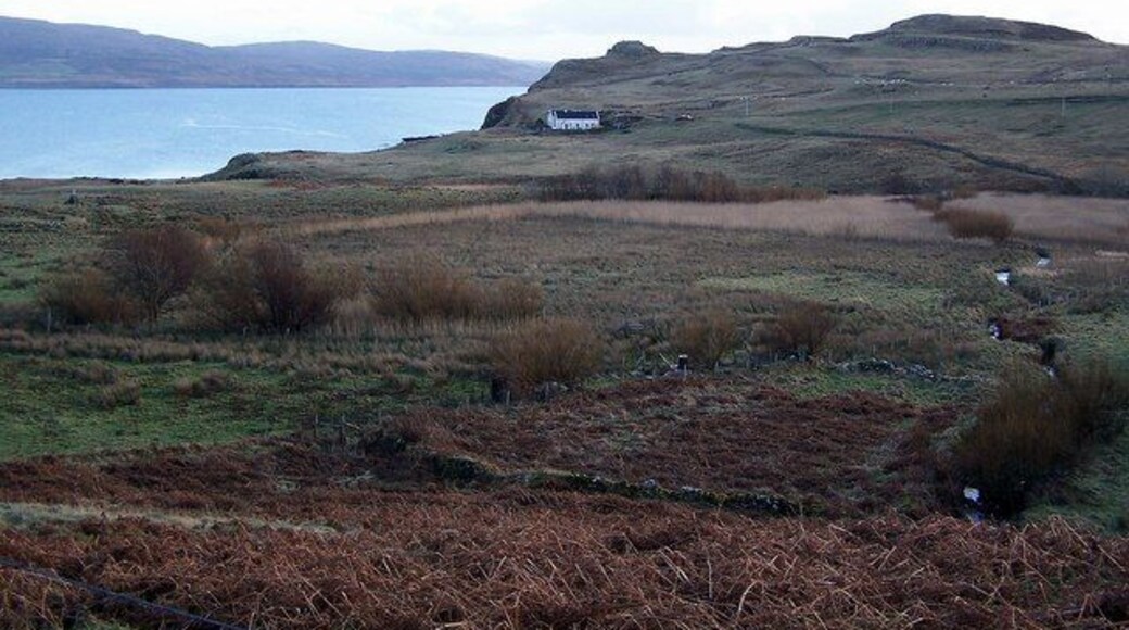 Abandoned land at Borreraig This view looks over uncultivated land in Borreriag, part of which has at one time been enclosed by a stone wall. The 'lump' on the headland behind the white house is Dùn Boreraig Broch. The water is Loch Dunvegan.