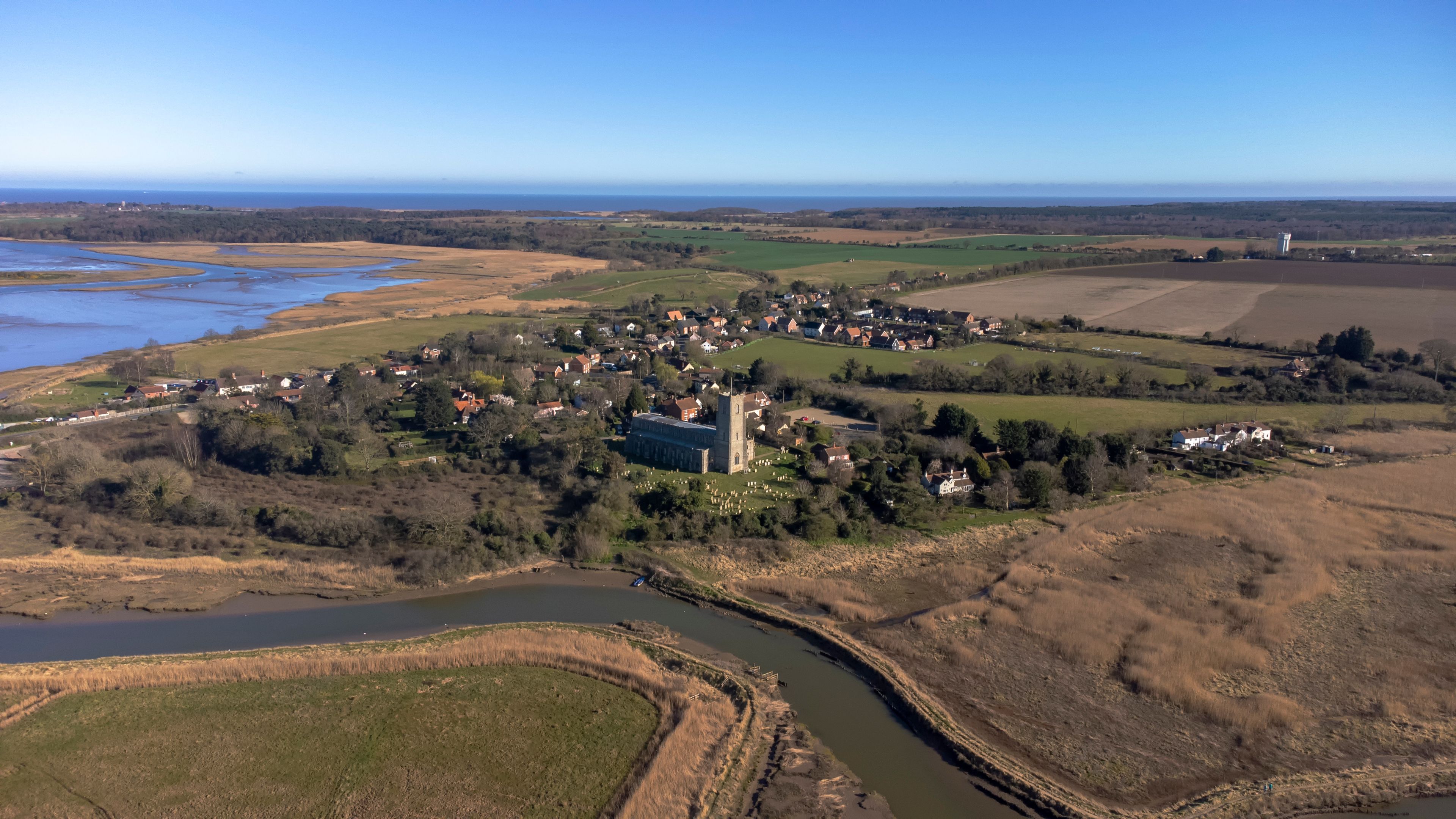 An aerial view of the village of Blythburgh in Suffolk, UK