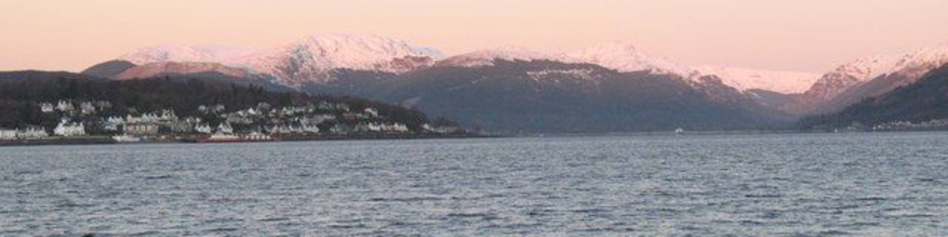 Holy Loch Alpenglow in the background and a view of the once infamous Holy Loch. View from Western Ferries on the way to another day's hard labour in Cowal.