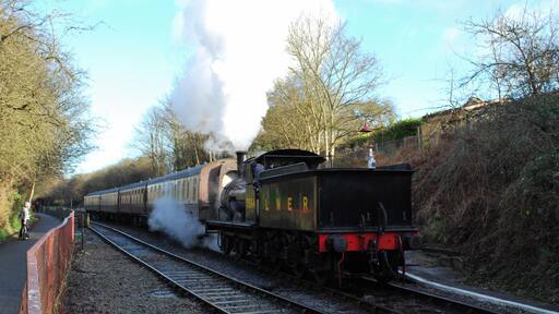 GER T.W. Worsdell "Y14" Class (LNER Class "J15") 0-6-0, GER No.564, LNER No.7564 (later No.5462), BR No.65462 in LNER unlined black livery departing Oldland Common with a train for Bitton, Avon Valley Railway, 01/13.