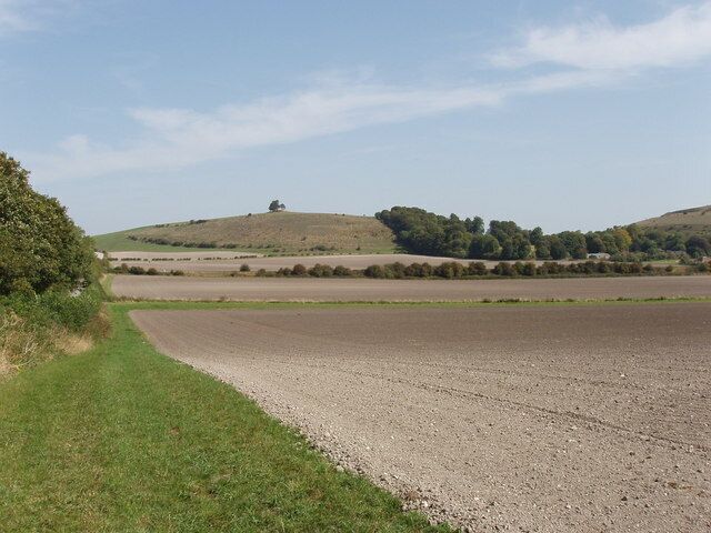 Middle Hill and fields of Bishopstrow Farm near Warminster. View from bridleway just north of Bishopstrow Farm. Field in the foreground has been harrowed ready for new crop. The green strip at the bottom of the field is along a stream, the line of bushes beyond is the railway. The top of the hill is 1 km from the viewpoint, in the same grid square.