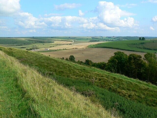 Battlesbury Hill southern earthwork, near Warminster The hill fort is univallate, having one ditch albeit a deep one. The viewpoint is the top of the inner wall of the ditch. Beyond lies part of the western section of the Salisbury Plain military training area.