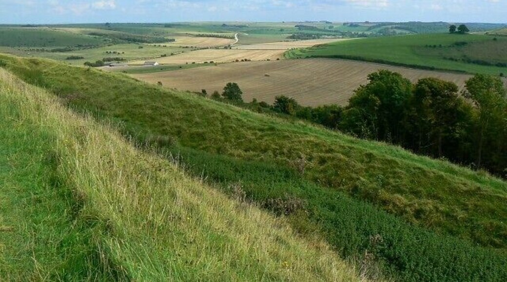 Battlesbury Hill southern earthwork, near Warminster The hill fort is univallate, having one ditch albeit a deep one. The viewpoint is the top of the inner wall of the ditch. Beyond lies part of the western section of the Salisbury Plain military training area.