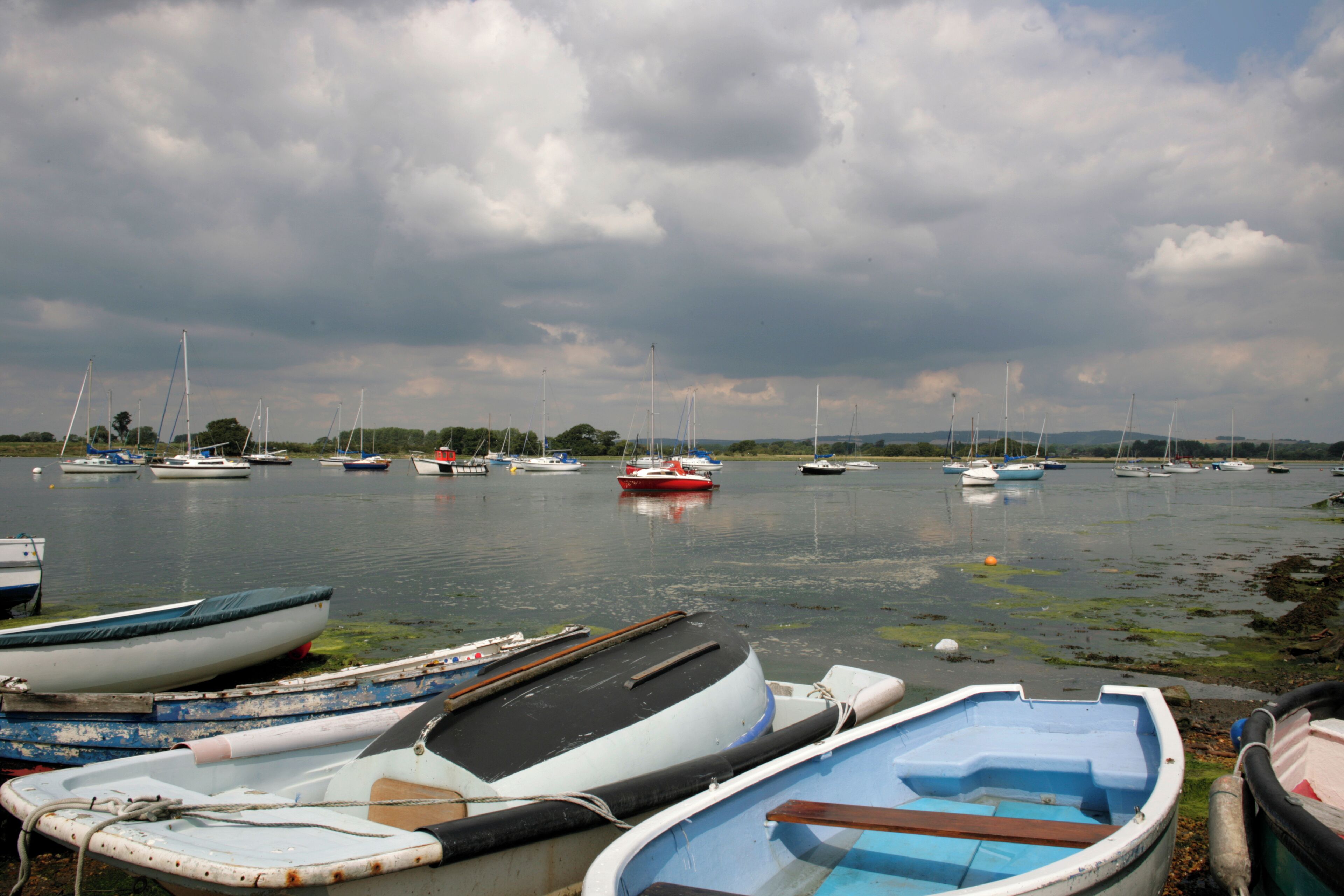 A marina with various boats docked, including sailboats and rowboats, under a cloudy sky.