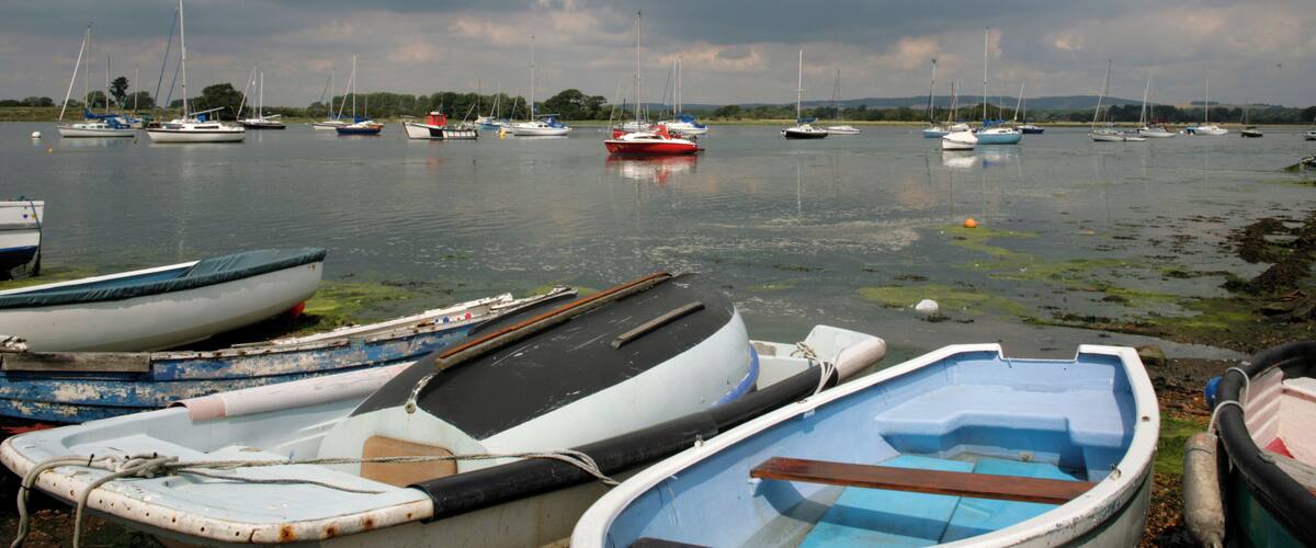 A marina with various boats docked, including sailboats and rowboats, under a cloudy sky.