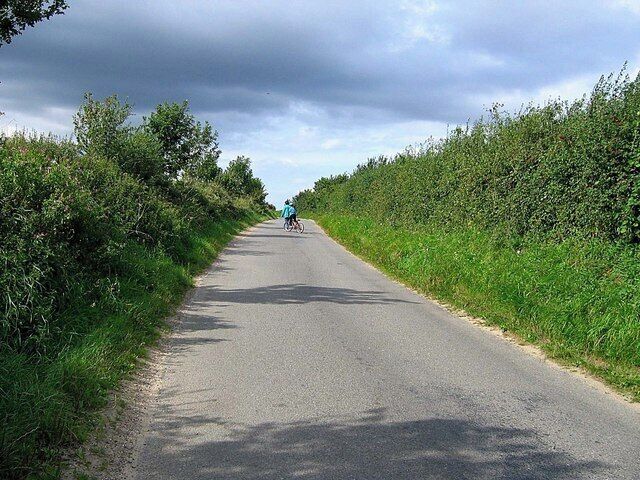 Un camino rural bordeado de abundante vegetación, con un ciclista a lo lejos.