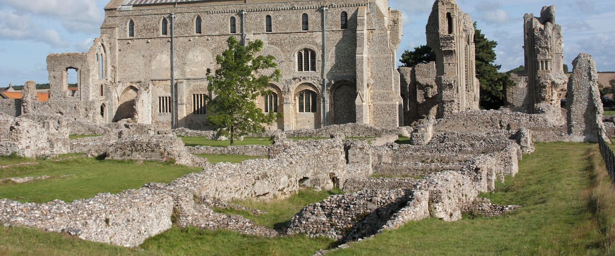 A historic stone building with ruins and a tree in the foreground.