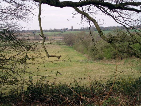 Wensum meadows From the edge of Bintree Woods, meadows lead down to the River Wensum, with North Elmham church visible in the distance.