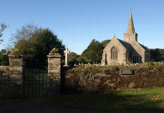 St. Lawrence's church, Bigbury "C14 and C15 but '... all but rebuilt by J Sedding in 1872' (Pevsner) " http://www.imagesofengland.org.uk/details/default.aspx?id=99593 . The wall and gate piers (these form one of two pairs) are also listed http://www.imagesofengland.org.uk/details/default.aspx?id=99593 .