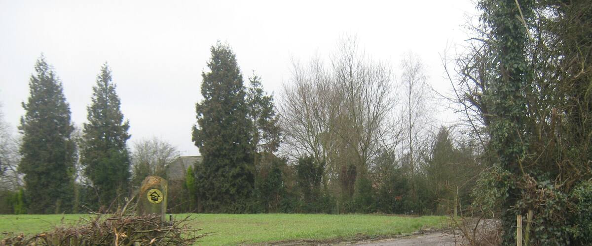 A rural dirt road curving through a field with trees and a signpost.