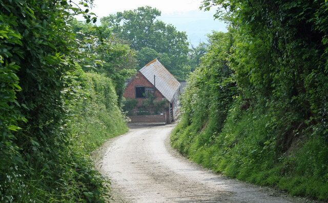 A narrow, unpaved rural road flanked by dense greenery, leading to a red brick building with a sloped roof.