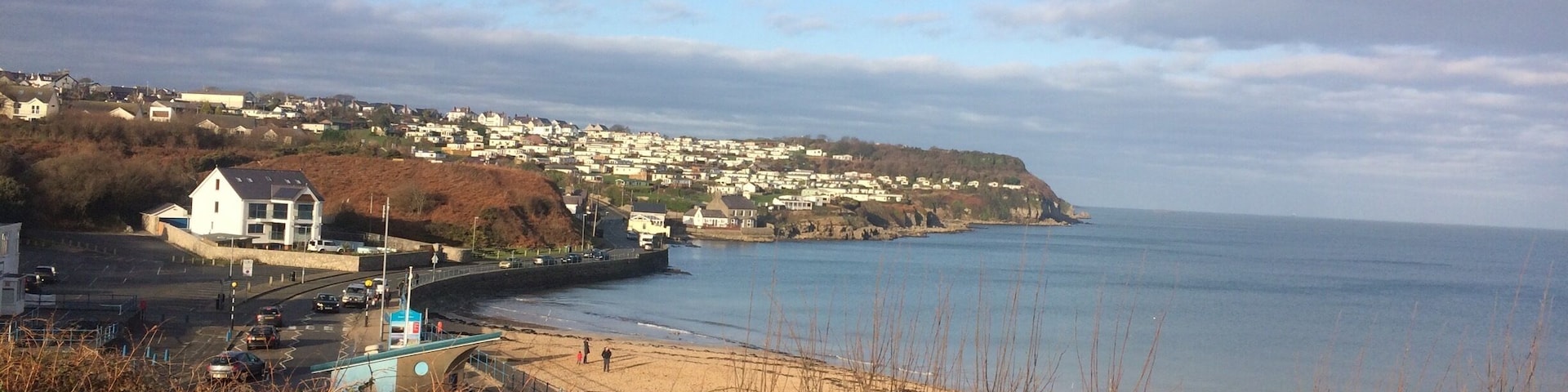 A coastal town with a beach, houses, and a cliff overlooking the sea.