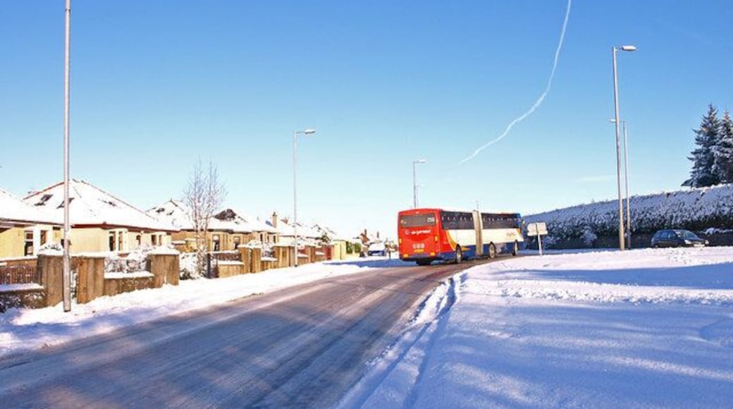 Roebank Road, Beith, Data from Geograph: Description: A bendy bus trying to negotiate the junction of B7049(left) and Beith Bypass A737(right). Both roads covered in ice. The bus eventually made it leaving a lingering burning rubber smell. ICBM: 55.757625575778, -4.626689289926 Location: (about 1 km from) near to Beith, North Ayrshire, Great Britain.