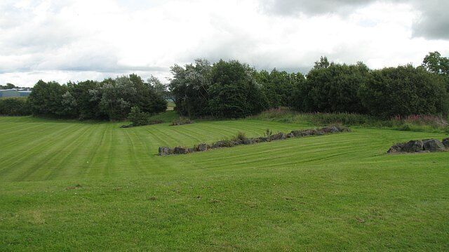 A grassy field with a stone wall and trees in the background.