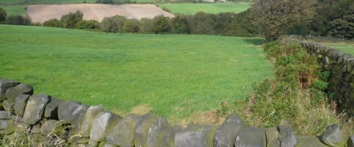 A rural landscape with a stone wall, green fields, and distant hills.