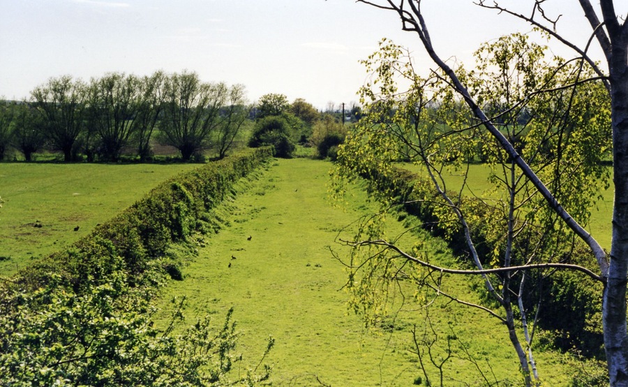 Railway track-bed at Beckford towards Ashchurch, 1998. View SW from bridge at Beckford, towards Ashchurch: ex-Midland (Birmingham) - Barnt Green - Evesham - Ashchurch line, closed 17/6/63. Beckford station had been behind camera.