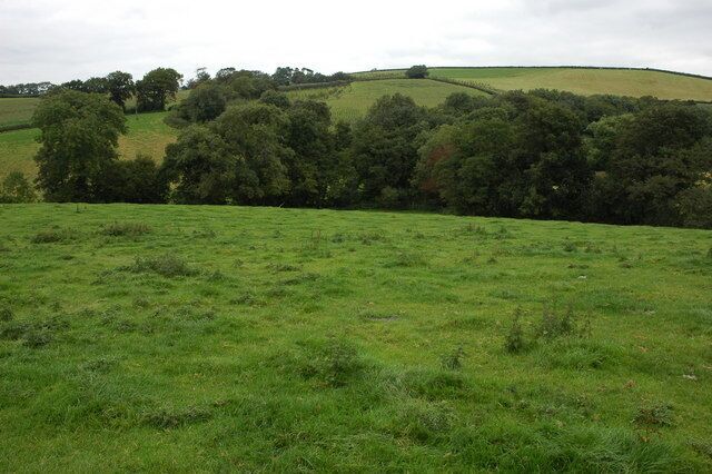 View to Lower Whitsleigh The Woolleigh Brook flows through the bottom of this valley. A footpath crosses to the bottom corner of the field and then follows a very overgrown track up to Lower Whitsleigh on the other side of the valley.