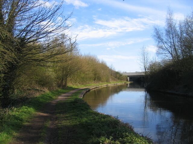 Canal diversion under the M42 The concrete banking show where the Worcester and Birmingham Canal was diverted into a new channel to the west so that the M42 could cross over the top. The M42 is on a long hill at this point and the canal was moved to give the motorway a uniform gradient.