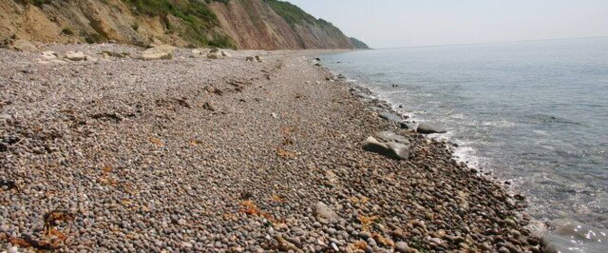 Une plage de galets, avec une falaise rocheuse et une mer calme.